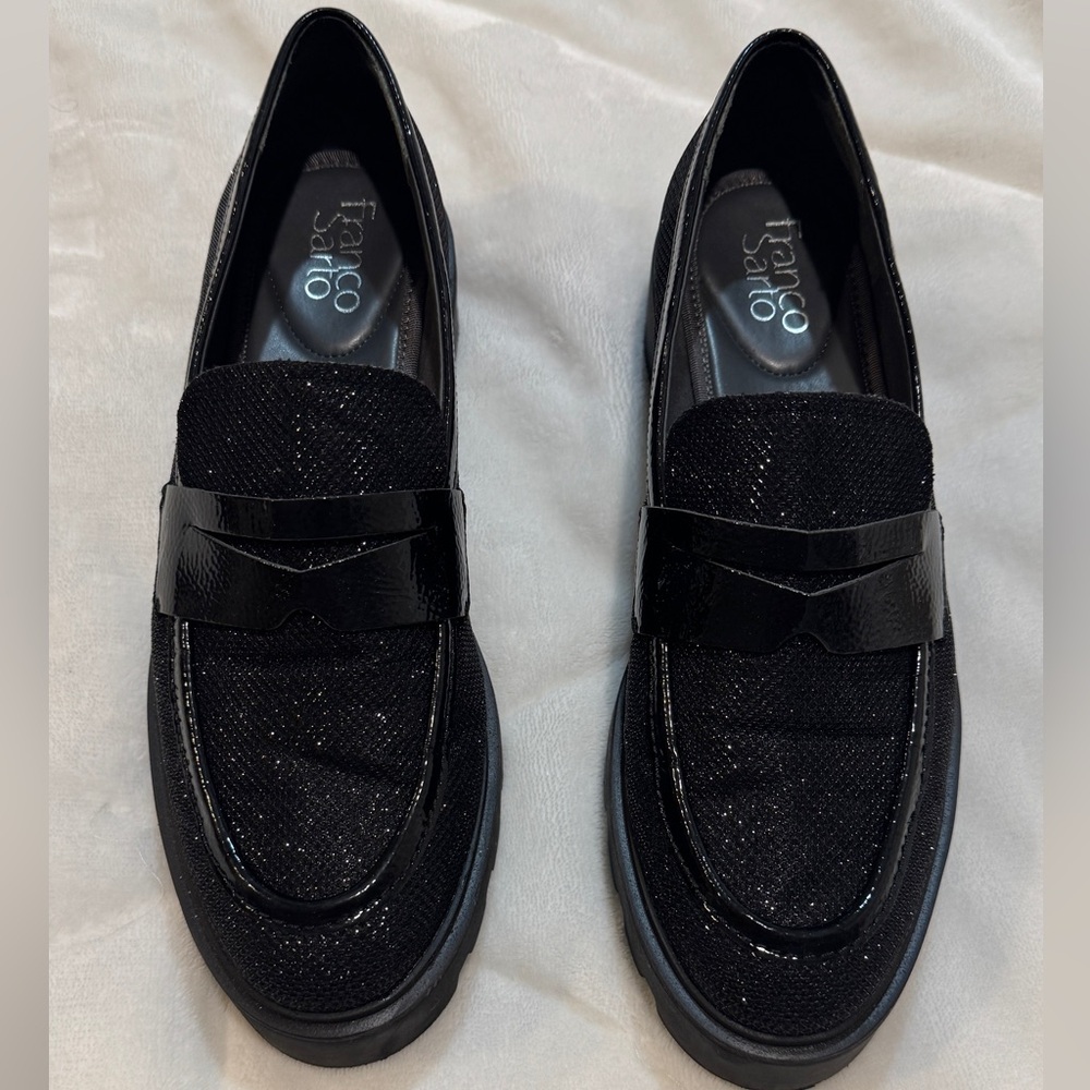Franco Sarto Black Sparkle Patent Strap Women’s Loafers